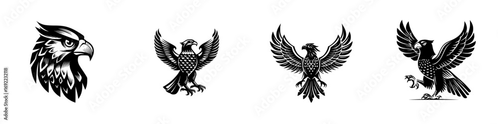 Fototapeta premium Set of black and white eagle hawk logos and emblems with spread wings, isolated graphic symbols for branding