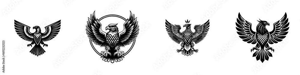 Fototapeta premium Set of four black and white heraldic eagle emblems with spread wings for logo design and corporate identity