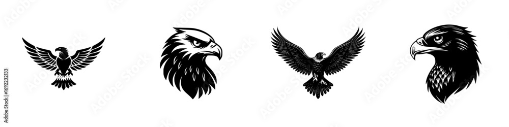 Obraz premium Collection of black eagle silhouettes for logo design and emblems, featuring dynamic flying birds and detailed head profiles