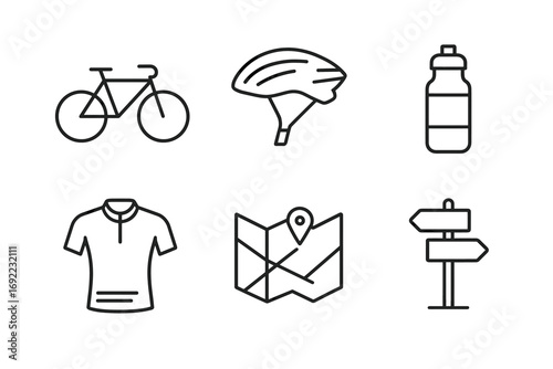 Bicycle gear icons including helmet, water bottle, shirt, map, signpost