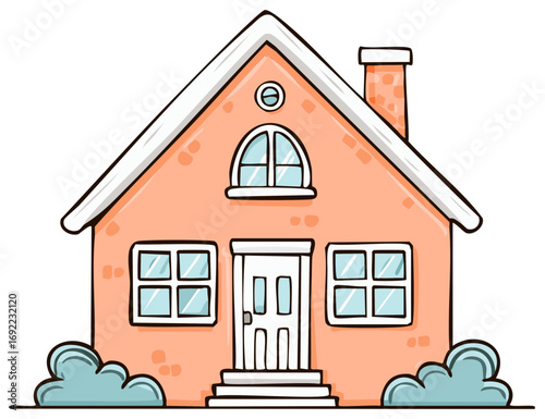 Cartoon illustration of a pink house with a chimney, door and bushes, home sweet home drawing