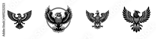 Set of four black and white heraldic eagle emblems with spread wings for logo design and corporate identity
