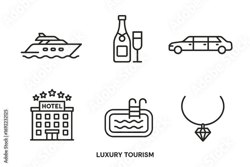 Luxury tourism icons featuring yacht limousine hotel pool champagne and necklace