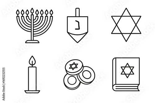 Hanukkah icons: menorah, dreidel, star of david, candle, coins, book