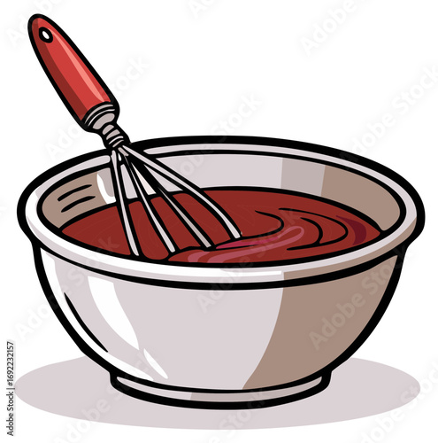 Whisking rich red batter in a white bowl for baking preparation