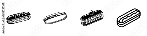Set of black and white food icons including hot dog, sandwich, and eclair pastry in a minimalist graphic line art style