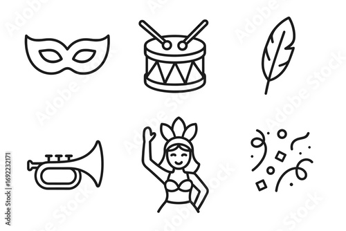Carnival festival icons: mask, drum, feather, trumpet, dancer, confetti