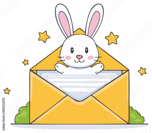 Adorable cartoon bunny in an open mail envelope with a letter for a happy announcement or greeting