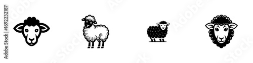 Set of black and white sheep icons for logos and emblems, collection of farm animal symbols isolated on a white background
