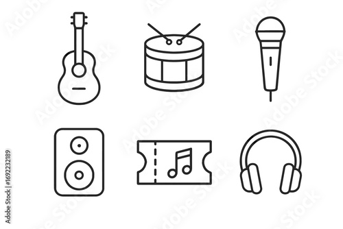 Musical instruments and accessories: guitar, drum, microphone, speaker, ticket, headphones