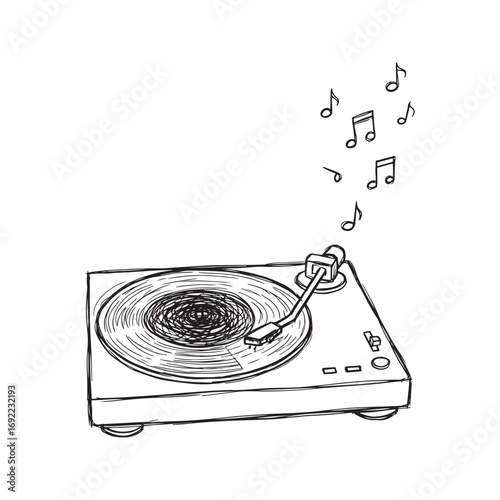 Hand drawn record player icon, vintage turntable sketch, vinyl music doodle symbol, vector line art illustration.
