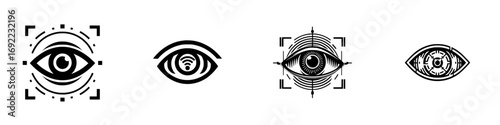 Futuristic eye icon set with symbols for digital vision, biometric identification, surveillance systems, and cybersecurity technology