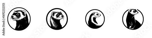 Set of four black and white ferret logos in a circular frame showing different poses from detailed headshots to a full body silhouette