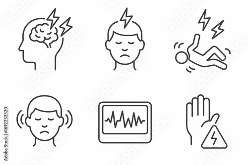 Seizure awareness icons illustrating symptoms and dangers