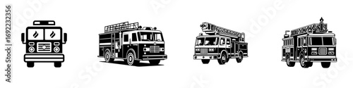 Set of four black and white fire truck icons showing different models of emergency response vehicles isolated on a white background