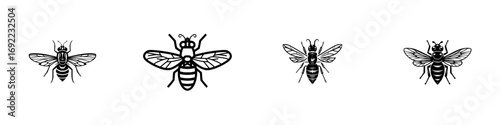 Set of four black and white bee and wasp icons in a minimalist graphic style isolated on a white background for logo or tattoo design