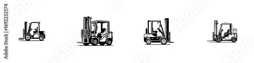 Set of black and white forklift truck icons for warehouse and logistics industry isolated on a white background