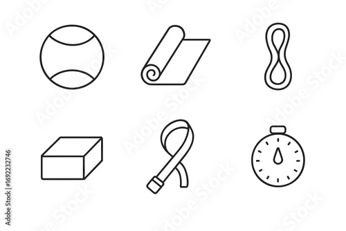 Minimalist icon set of fitness equipment including yoga mat and stopwatch