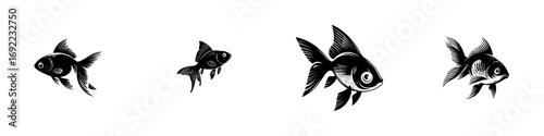Black goldfish silhouette icon set in a graphic woodcut style isolated on a white background for logo and design elements