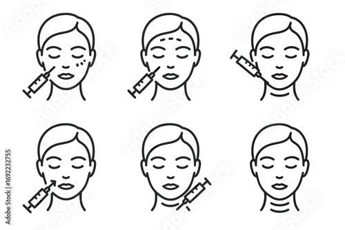 Vector icons of cosmetic procedures on female faces with injection points