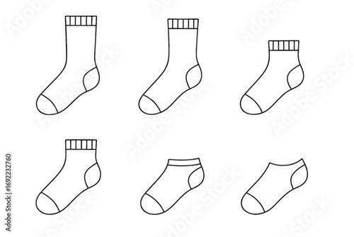 Set of diverse sock designs: ankle, crew, no-show styles in line art pattern