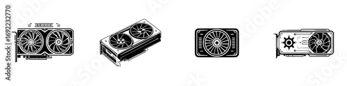 Set of four black and white graphics card icons for computer hardware and gaming technology isolated on a white background