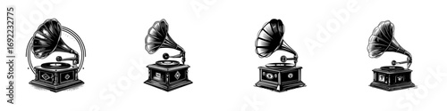Set of four vintage gramophones in a hand-drawn engraving style isolated on a white background for classic music design