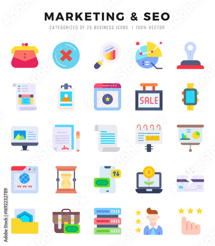 Marketing & Seo Flat icons collection. 25 icon set. Vector illustration.