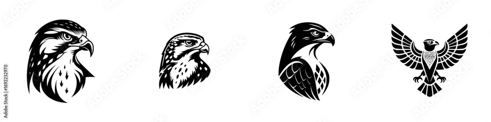 Obraz premium Black and white set of falcon head portraits and a hawk emblem with open wings, isolated graphic icons for logos