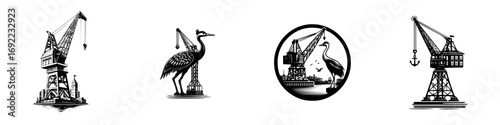 Bold graphic icons combining industrial harbor cranes with crane birds for maritime shipping logos and company branding