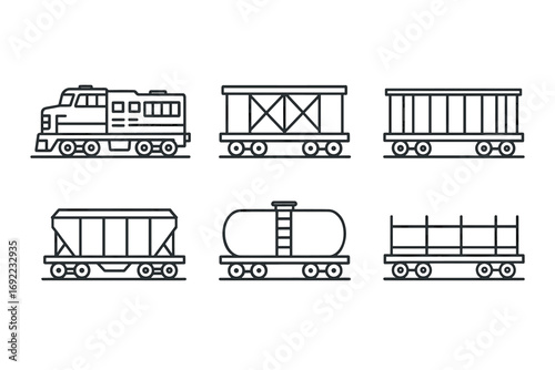 Set of simplified cargo train car icons: locomotive, freight, tanker, open wagon