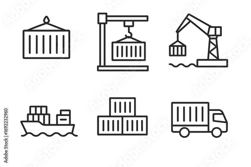 Shipping and logistics icons: cargo, crane, container, ship, truck, transport