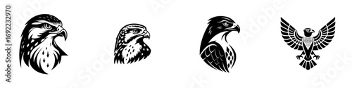 Black and white set of falcon head portraits and a hawk emblem with open wings, isolated graphic icons for logos
