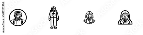 Gas mask and hazmat suit icon set for chemical, biological, and radiation protection, minimalist black and white symbols