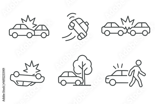 Simple line icons of car accidents and road situations
