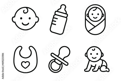 Baby essentials icons: bottle, pacifier, bib, and swaddle line art