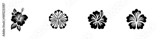 Set of four black hibiscus flower silhouettes isolated on a white background for tropical summer design and decoration