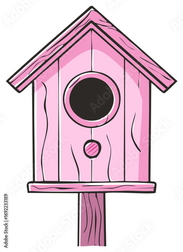 Pink birdhouse illustration with a perch and wooden post.
