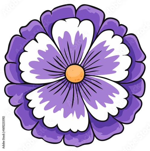 Colorful cartoon flower illustration with purple and white petals and orange center