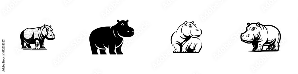 Obraz premium Set of black and white hippopotamus icons for logo design, featuring various graphic styles from silhouette to line art