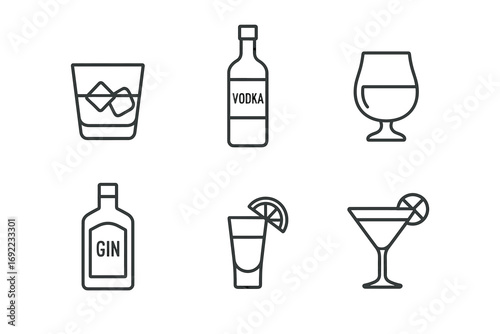 Vector icons of alcoholic drinks: whiskey, vodka, wine, gin, tequila, cocktail