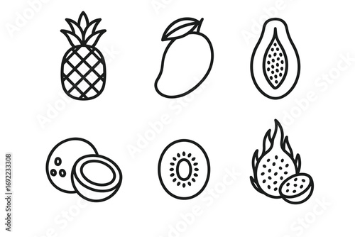 Tropical fruit icons: pineapple mango papaya coconut kiwi dragon fruit