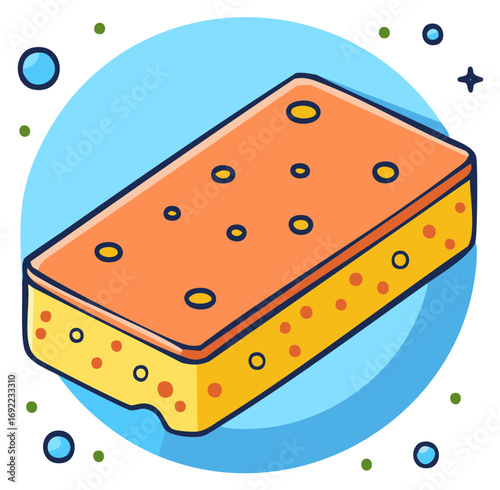 Playful cartoon cleaning sponge with soap bubbles and sparkles vector illustration for household chores and hygiene