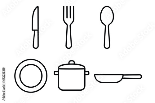 Minimalist kitchen utensils set: knife, fork, spoon, plate, pot, and pan outlined in black