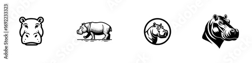 Set of black and white hippopotamus logo icons for branding and design, featuring various styles from simple mascot heads to detailed graphic emblems