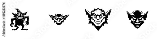 Set of goblin monster heads and fantasy creature characters in a black and white silhouette style for logos or mascots