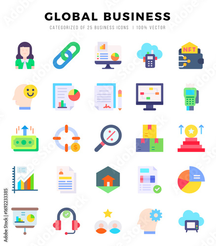 Set of Global Business icons in Flat style. High quality Flat Icons symbol collection.