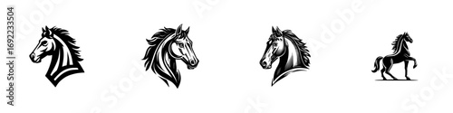 Set of four black horse head logos and stallion mascot icons for equestrian sports teams or company branding