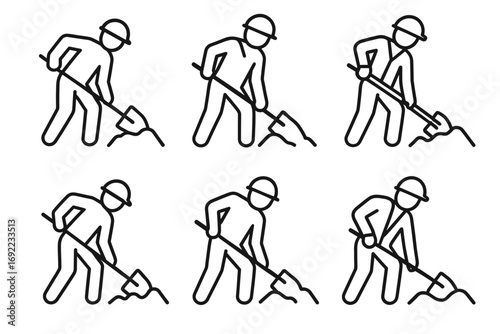 Icon set of construction workers digging with shovels