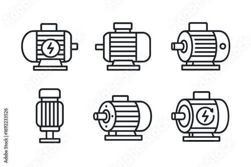 Set of six electric motor icons in black and white line art style